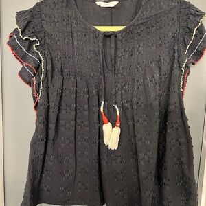 ACOS&A Elegant Black Textured Blouse with Tassel Accents. Size large.